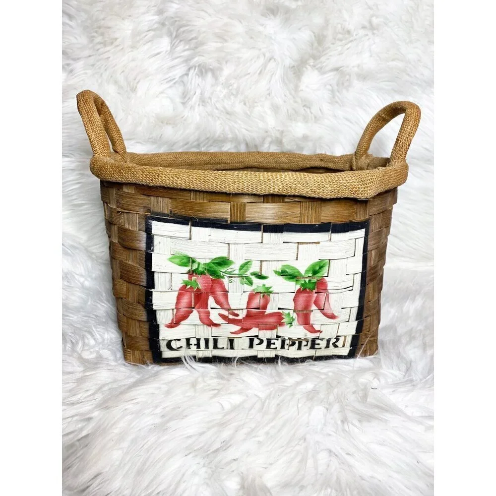 WOODEN CHILI PEPPER KITCHEN COTTAGE FARMHOUSE STORAGE BASKET, 16 x‎ 13.5 x 9
